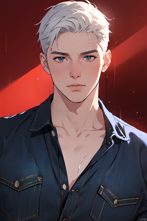  1 boy, red background, dystopian painting, masterpiece, high resolution, exquisitely detailed, strutting outdoors, gorgeous eyes, detailed face, pouring rain, outdoors, global, topless, illuminated, subsurface scattering, denim_shot, short white hair