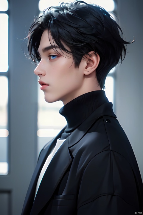 Best quality, masterpiece, 1boy, black hair, short hair, blue eyes, spiky hair, black pants, upper body, black jacket, profile picture, look at the viewer, , 
wdsjp