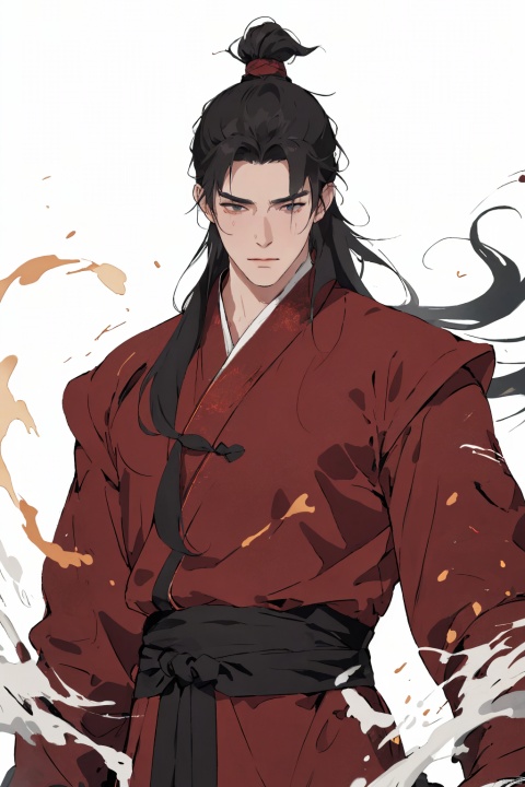  sdmai, wuxia, gorgeous eyes, wearing red robes, cinematic grandeur, splashing details, wild and powerful, solo, black hair, long hair, male focus, white background, looking at viewer, 1boy, asuo