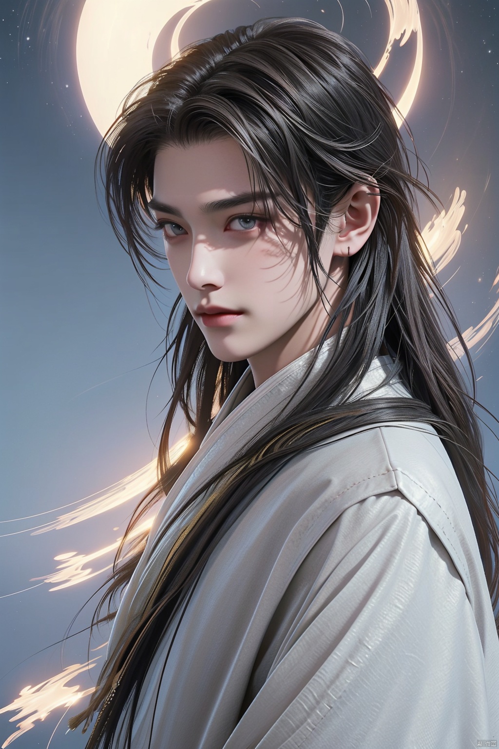  A boy with black hair, white hair, long hair and a high nose.Bust photo, China costume, Hanfu, bust photo,Gorgeous clothes, costumes, highlights, white highlights,Outdoor, fan, danjue