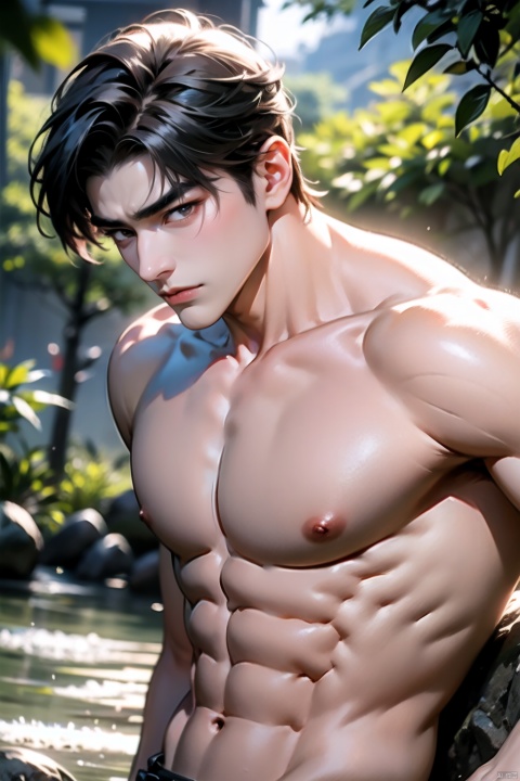  handsome male,delicate face,gorgeous eyes, short black hair, big muscle,abs ,outdoor,
, wdsjp