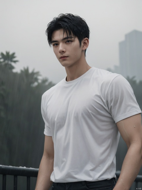 1boy, white background, absurdres, masterpiece, highres, intricately detailed, strutting outdoors, gorgeous eyes, detailed face, pouring rain, outdoors, global , Wet white undershirt, illumination, subsurface scattering, cowboy_shot, Short black hair