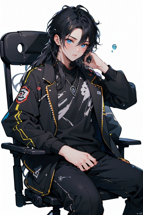  sdmai, wuxia, gorgeous eyes, wearing black suit, splashing details, wild and powerful, solo, black hair, long hair, Sitting in the office chair, a distant view, white background, looking at viewer, 1boy, 
, wdsjp, Artem_Wing