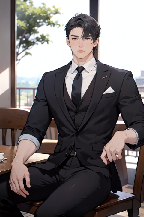  sdmai, wuxia, gorgeous eyes, wearing suit, splashing details, wild and powerful, solo, black hair, long hair, Sitting in a cafe with coffee on the table, a distant view, white background, looking at viewer, 1boy, 
, wdsjp