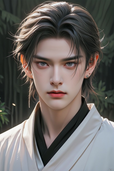  A boy with short black hair, a high nose.Bust photo, China costume, Hanfu, bust photo, Gorgeous clothes, costumes, highlights, white highlights, Outdoor, fan, danjue