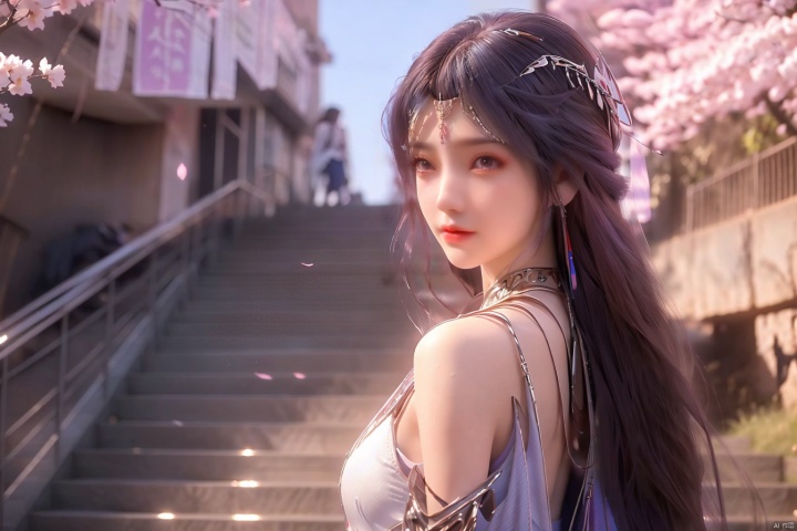  masterpiece, best quality, 1girl, details eyes, Beautiful face, delicate eyes, smile, long hair, tree, stairs, standing, sky, cherry blossoms, temple, looking at viewer, upper body, from below, looking back, ((Mecha)), young girl, Cyberpunk, CyberMechaGirl, yunxi