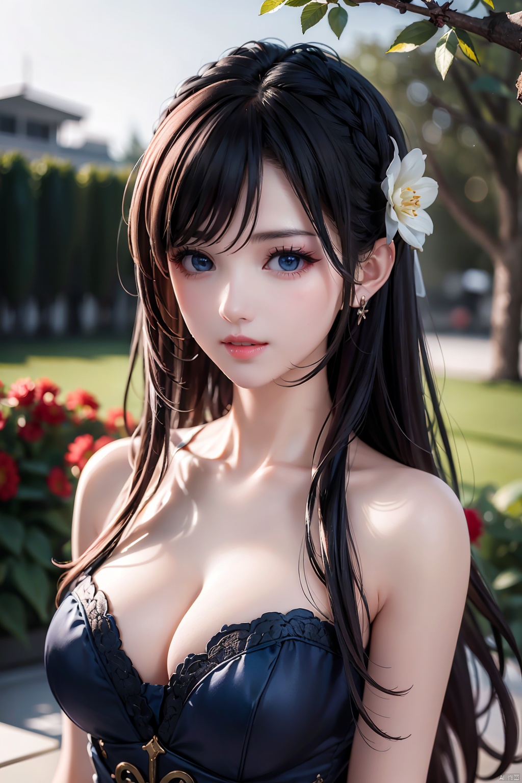 1girl, flower bed, sitting, ((portrait photo)), dark ginger long wave hair, floating hair, beautiful face, beautiful eyes, dark blue eyes, fair skin, growing skin, gentle smile,  ((ultra graphics)), ((masterpiece)), ((super detail)), ((photo realistic)), realistic, official art, unity 8k wallpaper, ultra detailed, beautiful and aesthetic, masterpiece, best quality, backlight, liuyifei