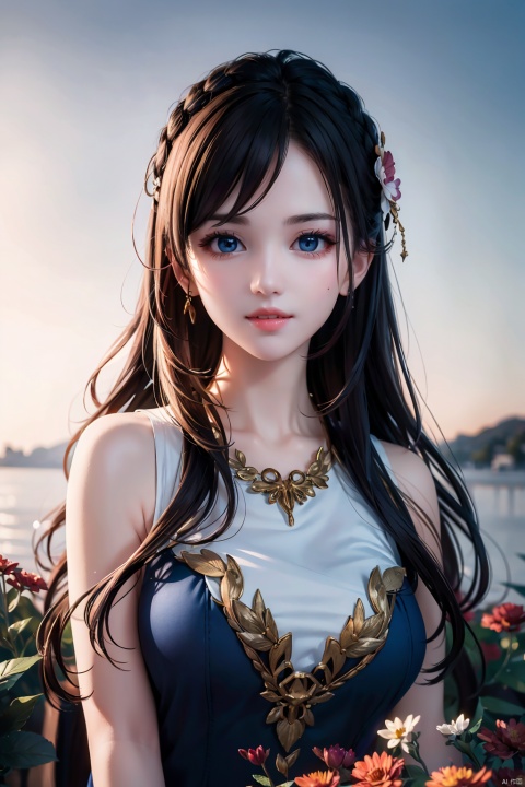 1girl, flower bed, sitting, ((portrait photo)), dark ginger long wave hair, floating hair, beautiful face, beautiful eyes, dark blue eyes, fair skin, growing skin, gentle smile,  ((ultra graphics)), ((masterpiece)), ((super detail)), ((photo realistic)), realistic, official art, unity 8k wallpaper, ultra detailed, beautiful and aesthetic, masterpiece, best quality, backlight, liuyifei