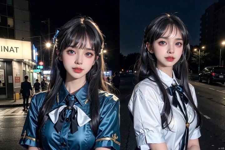  (8k, RAW photo, best quality, masterpiece:1.3),(realistic,photo-realistic:1.37),(night),(looking at viewer:1.331),(long hair),posing, new york, street,nightcityscape, , cyberpunk city,soft light,((1girl)),extremely beautiful face,bust,put down hands,Random hairstyle,Random expression,big eyes, ,lower abdomen,,(JK_suit),(JK_shirt),JK_style,(dark blue JK_skirt) ,(bow JK_tie),,mix4.,short-sleeved JK_shirt ,short-sleeved JK_sailor,JK_suit