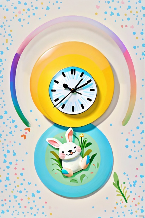 too many doors on wall,too many wall clocks,1rabbit jumping,tiny white figures lie on ground,colorful