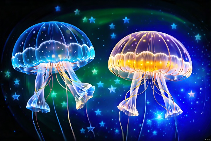 stars inside  jellyfish, growing on tree