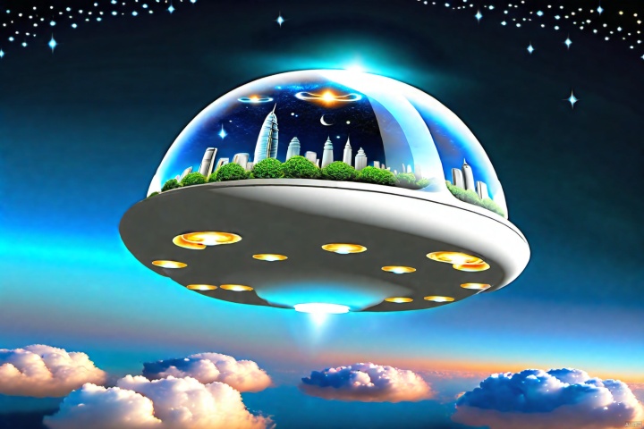 cat-head style UFO, flying,city in sky,dreamingly