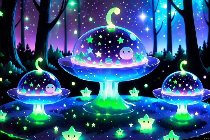 aliens,eating,stars inside (translucent cakes), garden,forest