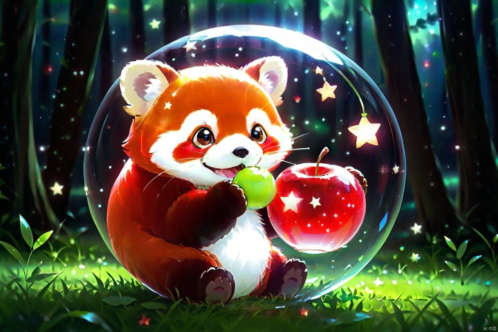 red panda,eating,stars inside (translucent apple), garden,forest