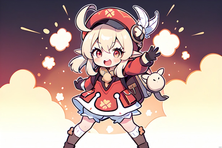 1girl, solo, long hair, looking at viewer, blush, smile, open mouth, bangs, blonde hair, red eyes, gloves, long sleeves, hat, dress, holding, hair between eyes, twintails, underwear, standing, full body, ahoge, :d, boots, teeth, pointy ears, socks, bag, v-shaped eyebrows, kneehighs, low twintails, upper teeth only, brown footwear, red dress, backpack, feathers, white socks, red headwear, brown gloves, bloomers, cabbie hat, hat feather, explosion, explosive, charm \(object\), white bloomers, white feathers, bomb, klee \(genshin impact\), dodoco \(genshin impact\), jumpy dumpty