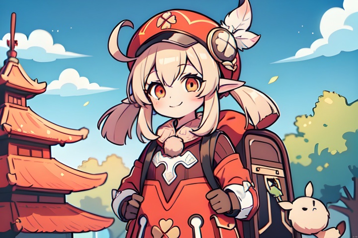  1girl, solo, long hair, looking at viewer, smile, bangs, gloves, long sleeves, hat, hair between eyes, twintails, ahoge, sidelocks, outdoors, sky, pointy ears, scarf, tree, blue sky, coat, orange eyes, low twintails, light brown hair, backpack, building, red headwear, brown gloves, hat ornament, pocket, cabbie hat, hat feather, architecture, east asian architecture, red coat, brown scarf, clover print, klee \(genshin impact\)