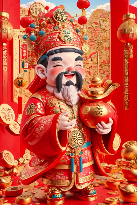  masterpiece,best quality,caishen,1man,facial hair,beard,solo,chinese clothes,long sleeves,wearing red caishen_headwear,wide sleeves,smile,gold,cloud, facai, xinnian, caishen, dafengcaishen