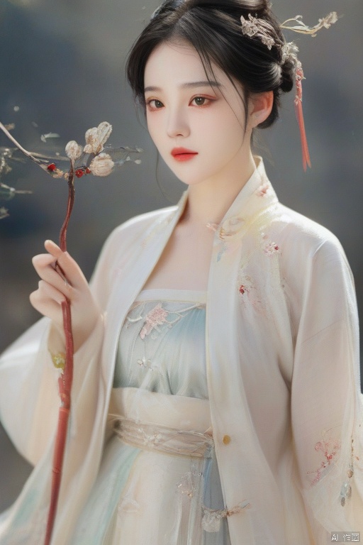 Realistic,masterpiece,best quality,ultra detailed,official art,beauty and aesthetics,detailed,intricate,highly detailed,1girl,chinese girl,solo,Magic sticks,grimoires,highly detailed,delicate countenance,fancy,glassy texture,accessory,gown,crush，手拿着一把古风伞