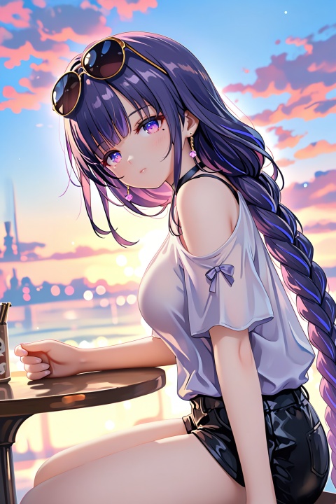 1girl,solo,long hair,breasts,looking at viewer,bangs,shirt,bare shoulders,jewelry,medium breasts,sitting,very long hair,closed mouth,purple eyes,purple hair,braid,earrings,sky,shorts,alternate costume,choker,cloud,blunt bangs,mole,from side,short shorts,mole under eye,black shorts,table,sunglasses,eyewear on head,braided ponytail,raiden shogun,backlighting,depth of field,cinematic lighting,light particles,lens flare,extreme aesthetic,(wlop:0.8),masterpiece,best quality,good quality,newest,very aesthetic,absurdres,A shot with tension,32K UHD,sharp focus,best-quality,masterpiece,Emotionalization,temperate atmosphere,with a high-end texture,in the style of fashion photography,(Visual impact:1.2),impactful picture,offcial art,colorful,movie perspective,masterpiece,