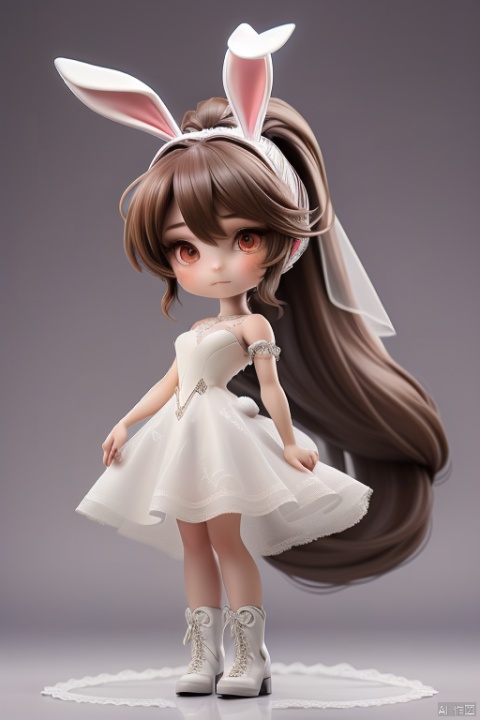 1girl, solo, long hair, looking at viewer, brown hair, hair ornament, dress, animal ears, brown eyes, very long hair, closed mouth, standing, full body, flower, boots, chibi, white dress, rabbit ears, see-through, short dress, white footwear,ponytail,Wedding Dress,2.5 head and body