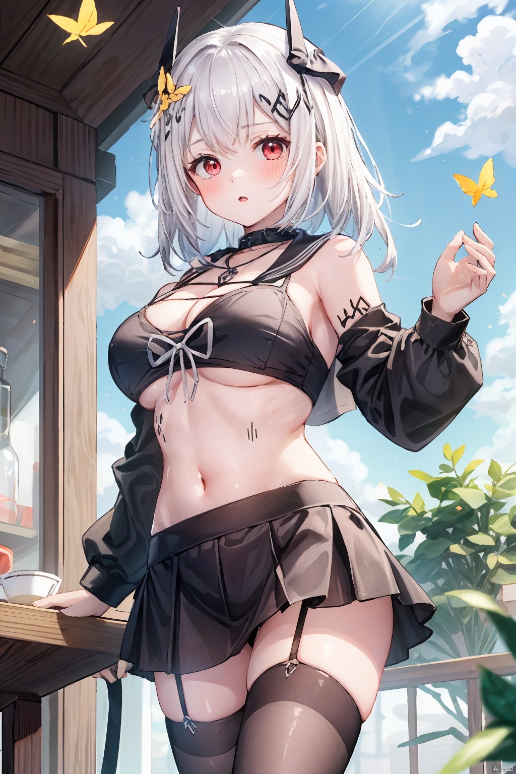  1girl, breasts, solo, thighhighs, red_eyes, white_thighhighs, looking_at_viewer, butterfly_hair_ornament, swimsuit, skirt, large_breasts, navel, bikini, black_bikini, hair_ornament, white_hair, sailor_collar, black_skirt, long_sleeves, cleavage, school_uniform, shirt, miniskirt, ribbon, thighs, serafuku, midriff, parted_lips,