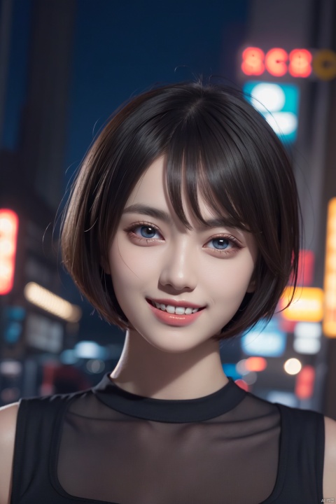 1girl, solo, short hair, bob cut, bob cut hair, short hair hair, details eyes, depth of field, looking at viewer, winking (animated), wink, smile, teeth, neon lights, city lights, city, UHD, masterpiece, best quality,