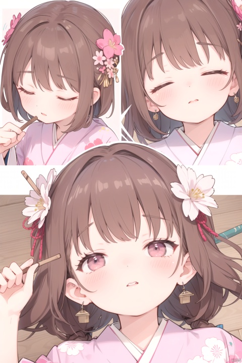 office lady, brown hair, blushing, close eyes, blushing, kiss face, stick out lips, raise chin, face up, wear a pink flower printed KIMONO, earrings, view from above