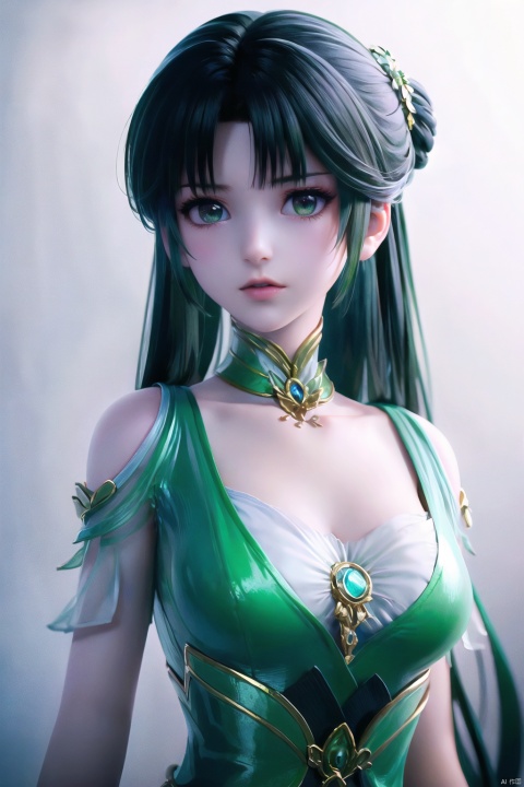 blunt bangs, masterpiece, best quality, best illustration, ultra-detailed, upper body, solo, 1 girl, looking at viewer, upright, arms at sides, beautiful detailed eyes, concept art, white background, simple background, dark green hair, green gradient hair, watercolor pencil, expressionless, blush, virtual youtuber, long hair, 1girl
