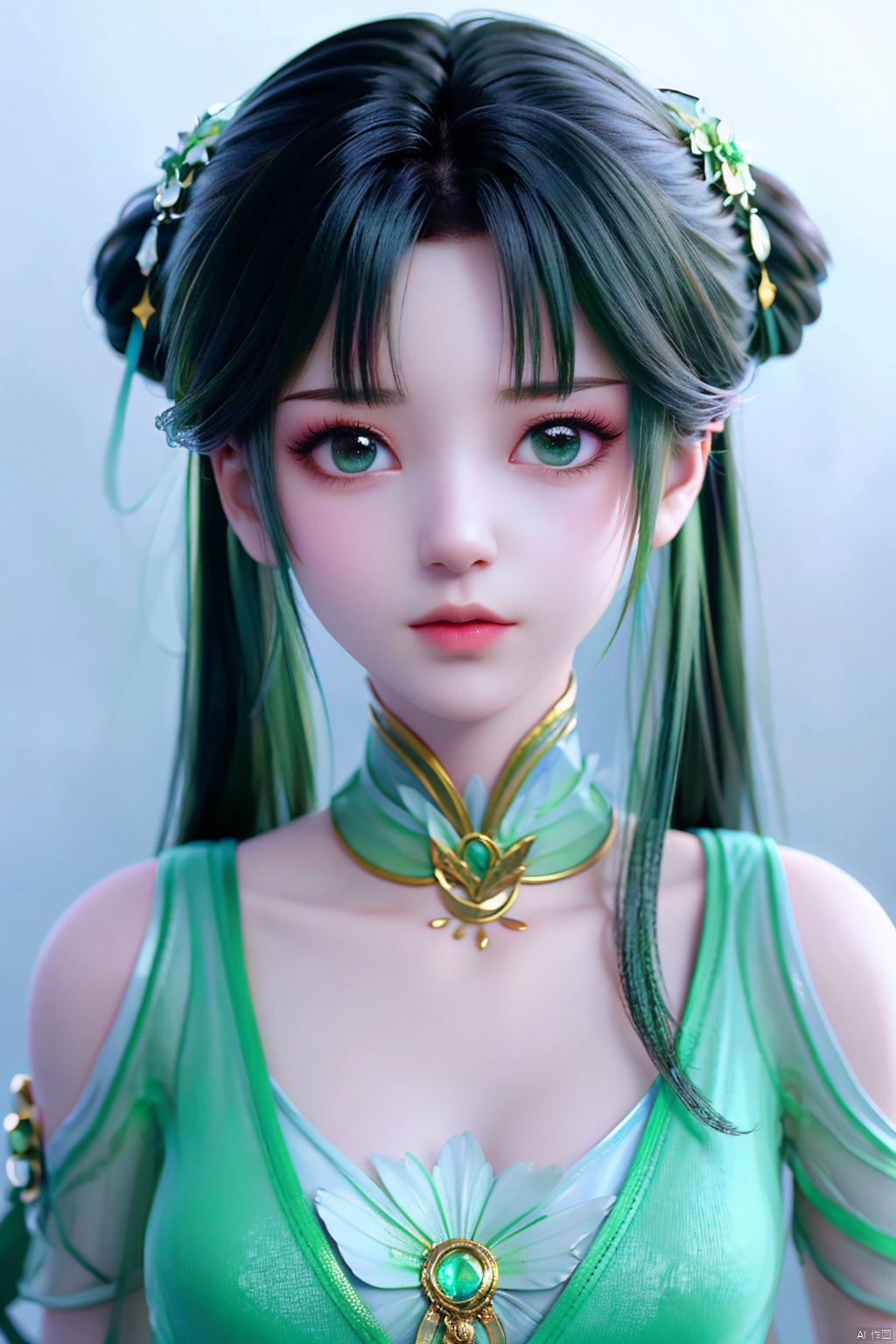 blunt bangs, masterpiece, best quality, best illustration, ultra-detailed, upper body, solo, 1 girl, looking at viewer, upright, arms at sides, beautiful detailed eyes, concept art, white background, simple background, dark green hair, green gradient hair, watercolor pencil, expressionless, blush, virtual youtuber, long hair