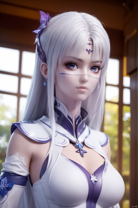 1 girl,white hair,extremely detailed 8k wallpaper, amazing, high detail, ray tracing, photo, avenue, looking at viewer, photo background, expressionless, beautiful detailed eyes, medium breasts, long hair,