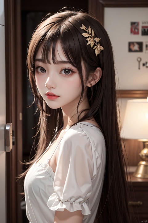  more_details:1.5, 1girl, skin tone white, long hair brown down, eye brown, down hair, hair bangs brown cute, aesthetic outfit, cloth cute aesthetic, beautifull, happy, cute, aesthetic,