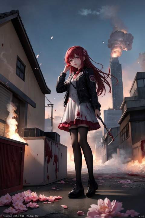  full body,Blood Mist, background_Urban rooftop,1 girl,despair,blood sakura,((masterpiece)), (((best quality))), ((ultra-detailed)), ((illustration)), ((disheveled hair)),Blood Cherry Blossom,torn clothes,crying with eyes open,solo,Blood Rain,bandages,Gunpowder smoke,beautiful deatailed shadow, Splashing blood,dust,tyndall effect