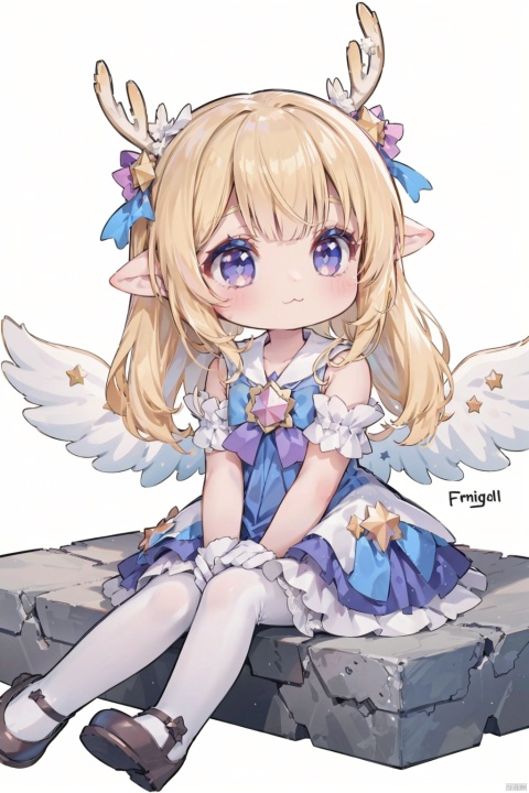  1girl, solo, :3, christmas party, angel costume, frills, bell, star, clouds, dynamic angle, lolita, castle, sitting on a big star, magic, long dress, chibi, deer antler, simple background, simple drawing, gfl,chibi