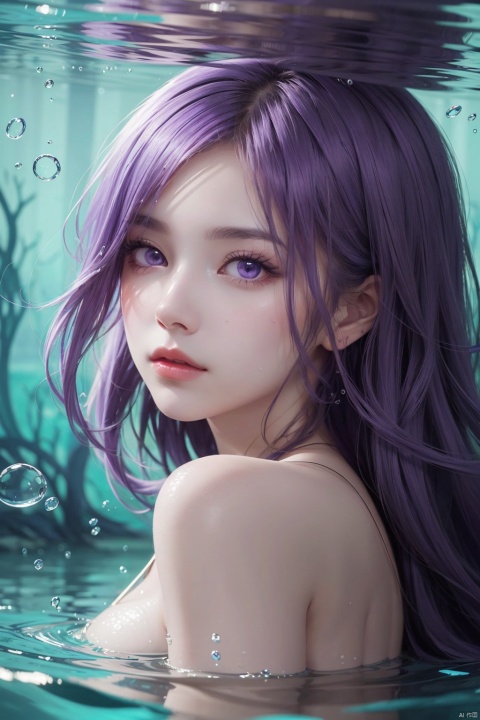 abstract background,(illustration:1),masterpiece,best quality,detailed face and eyes,purple eyes,1 girl,underwater hair physics,air bubbles,light coming through water,reflections,laying in water,beauty, houtufeng, sssr