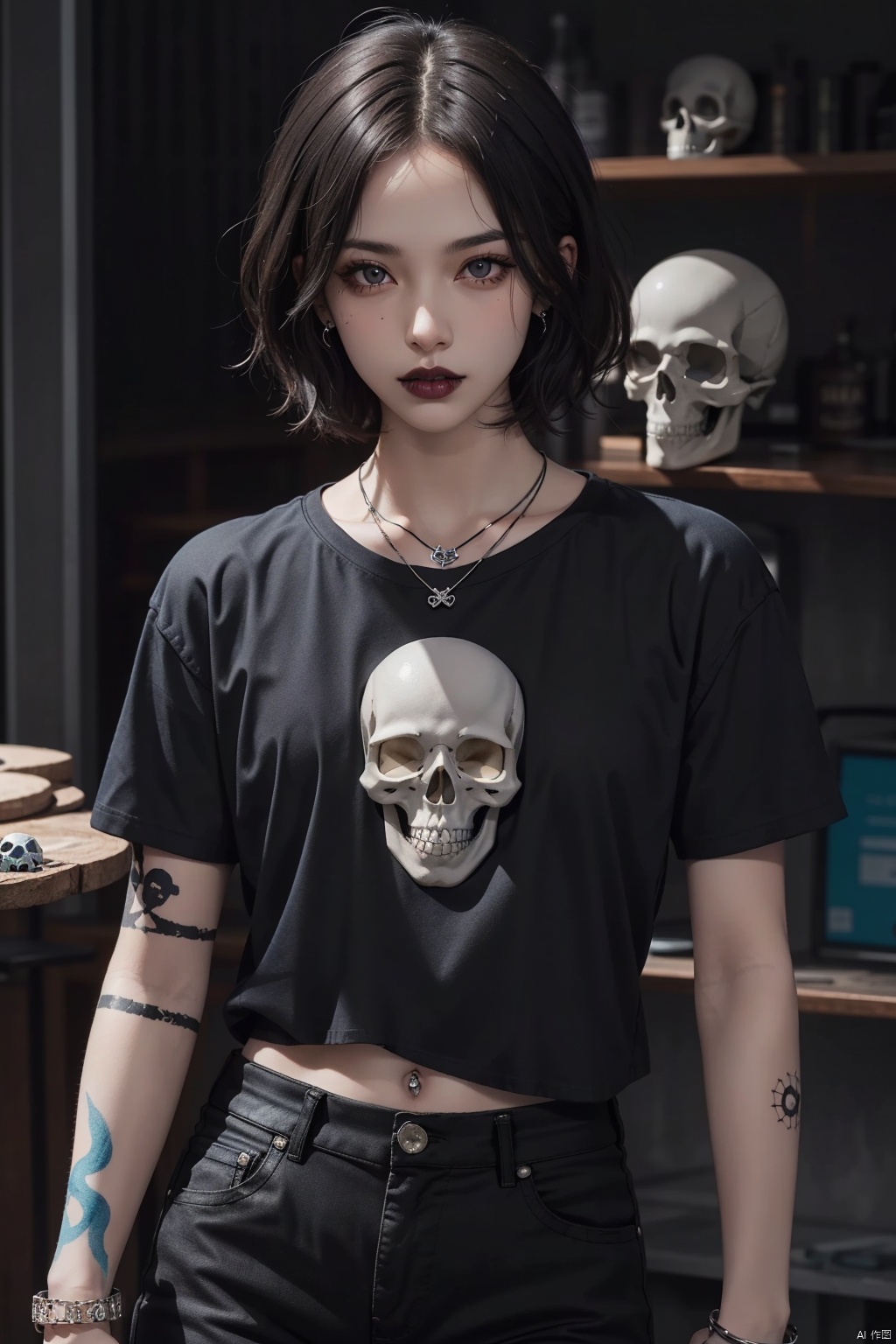 Girl with short hair, dyed blue. He has piercings and tattoos on his arm. Emo and painted eyes. Brown eyes. black lipstick Black shirt and black pants. Wear a skull bracelet. It has a skull necklace., Dark Style