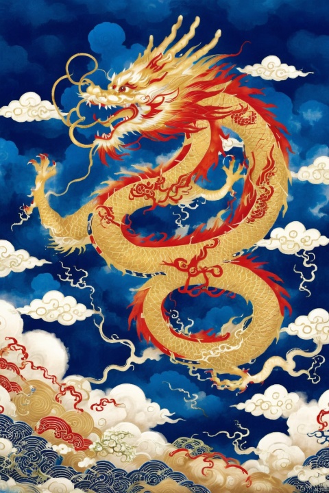 A colossal Chinese dragon soaring amidst the blue sky and white clouds，
Mist and clouds flowing beneath the dragon, creating an ethereal atmosphere，
Adopting classical Chinese painting techniques and colors, infused with modern artistic elements，
Using traditional painting materials like ink and rice paper, combined with digital painting techniques，
Slightly upward angle to capture the magnificent scene of the dragon soaring in the sky，
High precision to vividly depict every detail of the dragon，