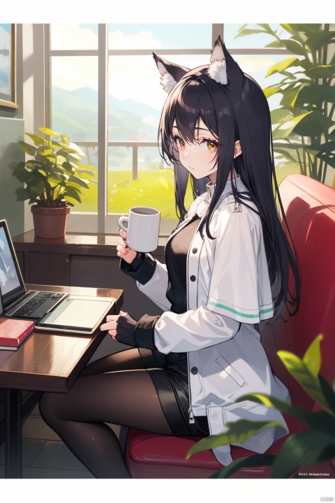 1girl, solo, long hair, looking at viewer, bangs, black hair, gloves, long sleeves, holding, animal ears, brown eyes, sitting, closed mouth, jacket, pantyhose, shorts, black gloves, indoors, fingerless gloves, from side, cup, animal ear fluff, book, black pantyhose, window, capelet, chair, black shorts, wolf ears, white jacket, plant, letterboxed, couch, holding book, mug, computer, black capelet, coffee mug, 