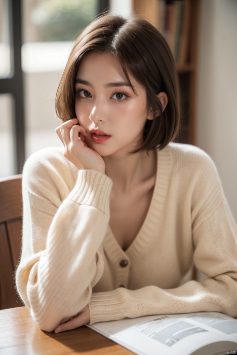 1girl, solo, short hair, brown hair, long sleeves, upper body, blurry, sweater, lips, blurry background, table, realistic, nose