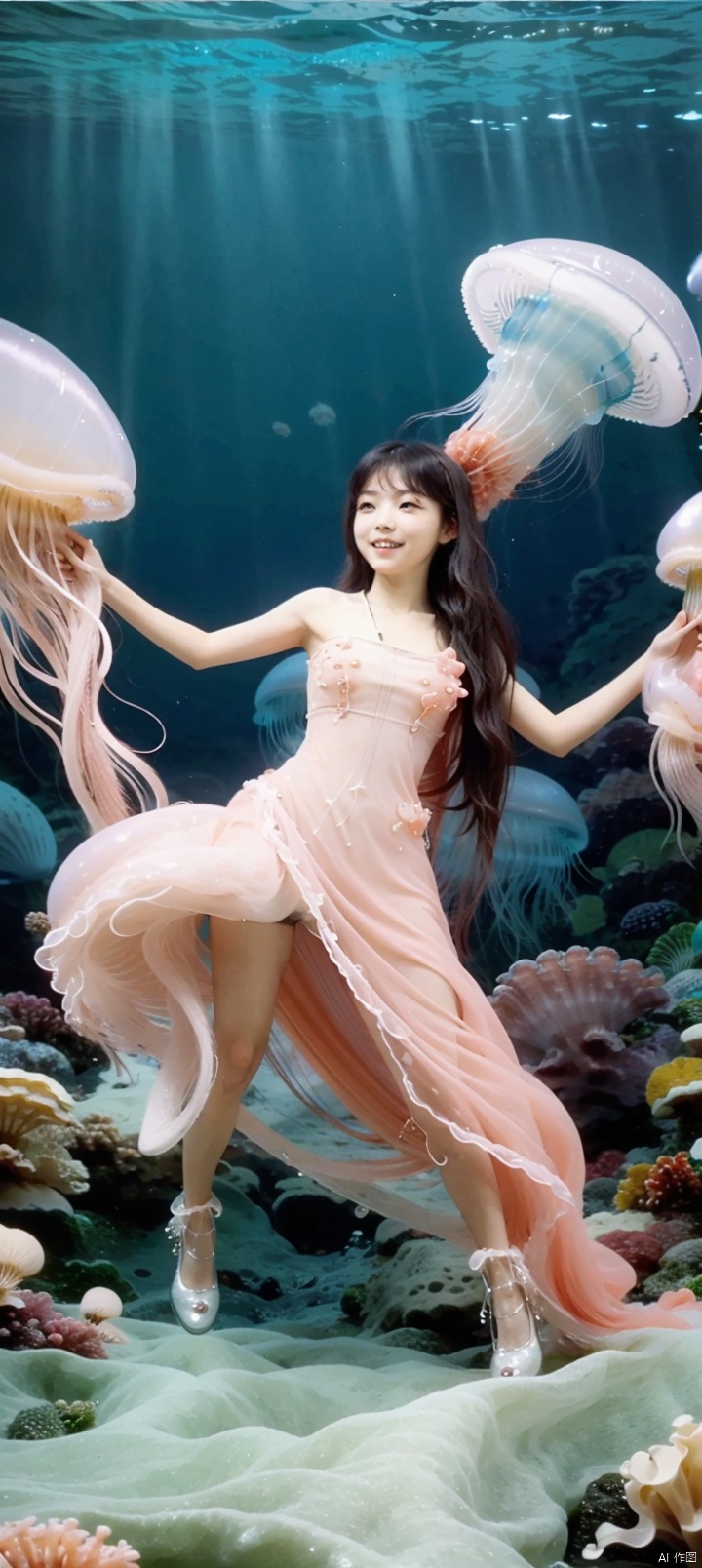   (***** full body:1.5),(very big jellyfish:1.5),(under sea:1.5),(dance:1.3),(seabed:1.5),laugh,smile,happy,exciting,very transparent gauze garment,very transparent clothing,twintails,hair buns,straight hair,long hair,black hair,Narrow shoulders,extremely detailed eyes and face, beautiful detailed eyes,big eyes, jellyfish,coral,octopus,shell,shells,jellyfish,coral,octopus,shell,shells,very long hair,