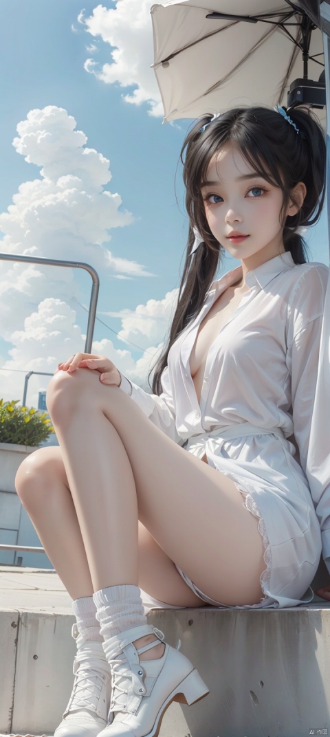 Lacrimal nevus,white silk stocking,pussy legs,legs to viewer,full body,twintails,long hair,black hair,flat chest,on park,day,blue Sky,clouds,White shirt,long legwears,camera,Seductive smile,Narrow shoulders,extremely detailed eyes and face, beautiful detailed eyes,very big eyes,Somebody is watching girl,