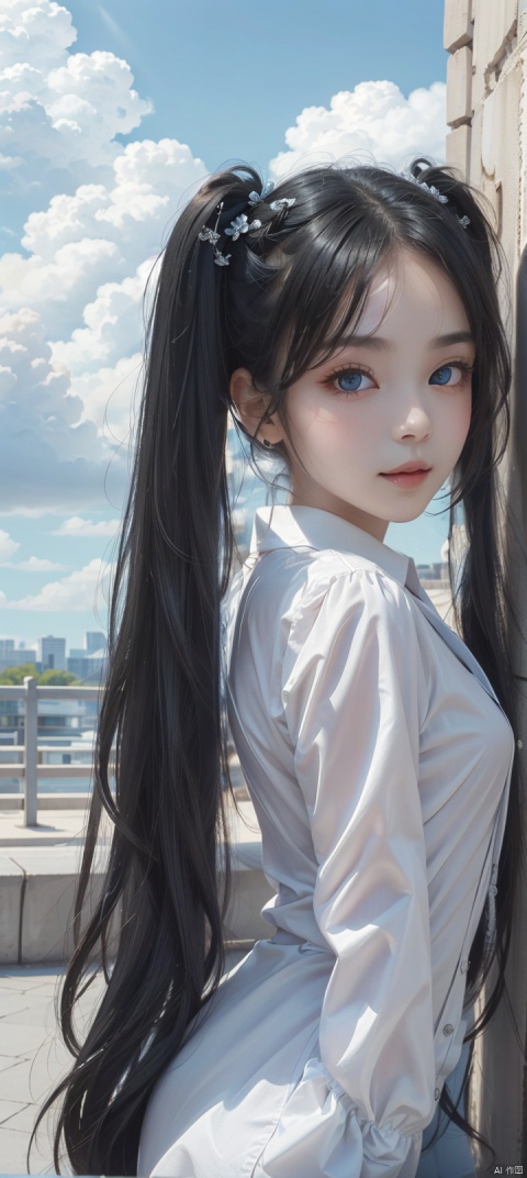 black silk stocking,legs to viewer,twintails,long hair,black hair,flat chest,on park,day,blue Sky,clouds,White shirt,long legwears,camera,Seductive smile,Narrow shoulders,extremely detailed eyes and face, beautiful detailed eyes,very big eyes,Somebody is watching girl,