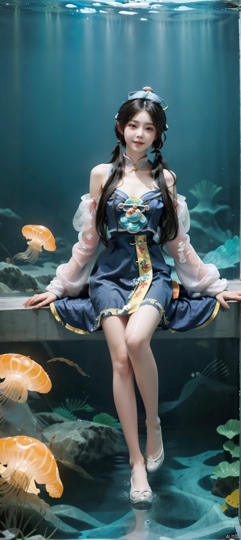 pussy breasts,full body,random poss,under the sea,hanfu,fullbody,smile,twintails,hair buns,long hair,black hair,(flat chest:1.2),long legwears,(Narrow shoulders:1.2),extremely detailed eyes and face, beautiful detailed eyes,big eyes,jellyfish,polypite, jiangshi