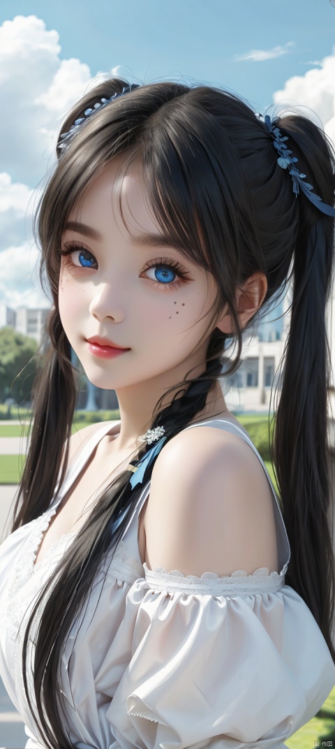  Lacrimal nevus,white 	Knee-high silk stocking,pudendum to viewer,full body,twintails,long hair,black hair,flat chest,on park,day,blue Sky,clouds,long legwears,camera,Seductive smile,Narrow shoulders,extremely detailed eyes and face, beautiful detailed eyes,very big eyes,Somebody is watching girl,