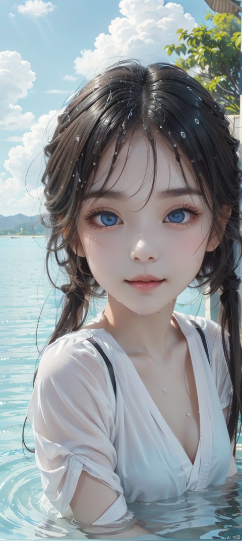  swimming,bare feet,wet body,long hair,black hair,whole body to viewer,flat chest,on park,day,blue Sky,clouds,White shirt,long legwears,camera,smile,Narrow shoulders,extremely detailed eyes and face, beautiful detailed eyes,very big eyes,Somebody is watching girl,