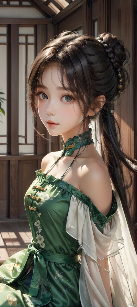 sitting in pavilion,Seductive smile,small chest,pussy full body,twintails,hair buns,straight hair,long hair,black hair,(Narrow shoulders:1.5),extremely detailed eyes and face, beautiful detailed eyes,big eyes,Chinese architecture,haunted houseChinese architecture,hauntedhouse,((poakl))