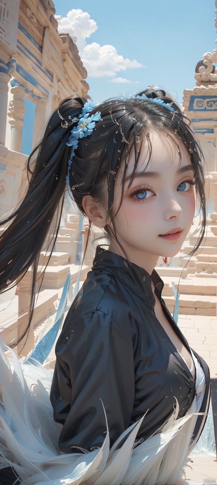 Wet the whole body,***** lips visible,twintails,long hair,black hair,flat chest,on dunhuang,day,blue Sky,clouds,long legwears,Seductive smile,Narrow shoulders,extremely detailed eyes and face, beautiful detailed eyes,very big eyes,Somebody watching the girl,Black clothes