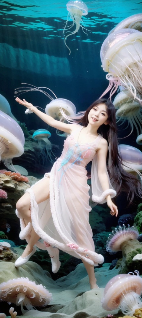  (pussy full body:1.5),(very big jellyfish:1.5),(under sea:1.5),(dance:1.3),(seabed:1.5),laugh,smile,happy,exciting,very transparent gauze garment,very transparent clothing,twintails,hair buns,straight hair,long hair,black hair,Narrow shoulders,extremely detailed eyes and face, beautiful detailed eyes,big eyes, jellyfish,coral,octopus,shell,shells,jellyfish,coral,octopus,shell,shells,very long hair,