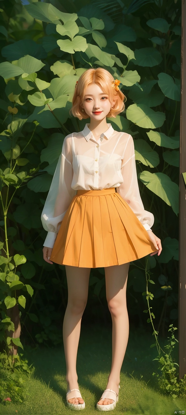 smile,cute petit girl,albino,babyface,***** fullbody,leaf hair ornament, blonde hair,hair ornament,orange 
 hair,short hair,blush,orange eyes,hair between eyes,small breasts,Mecha,Transparent hair, vine_xsele,orange colour skirt,vine, vine_xsele,