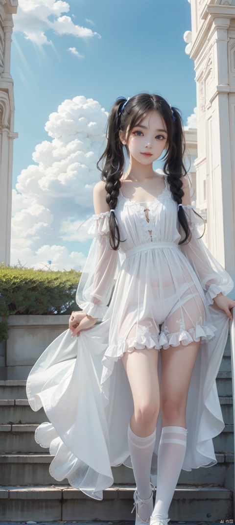  Lacrimal nevus,white 	Knee-high silk stocking,pussy full body,pudendum to viewer,full body,twintails,long hair,black hair,flat chest,on park,day,blue Sky,clouds,long legwears,camera,Seductive smile,Narrow shoulders,extremely detailed eyes and face, beautiful detailed eyes,very big eyes,Somebody is watching girl,