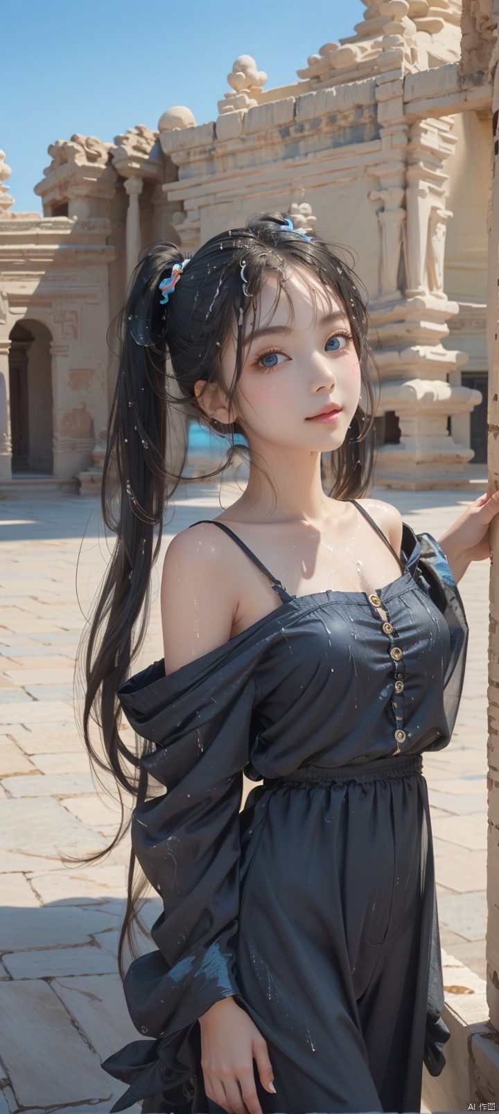 Wet the whole body,wet clothes,***** lips visible,twintails,long hair,black hair,flat chest,on dunhuang,day,blue Sky,clouds,long legwears,Seductive smile,Narrow shoulders,extremely detailed eyes and face, beautiful detailed eyes,very big eyes,Somebody watching the girl,Black clothes